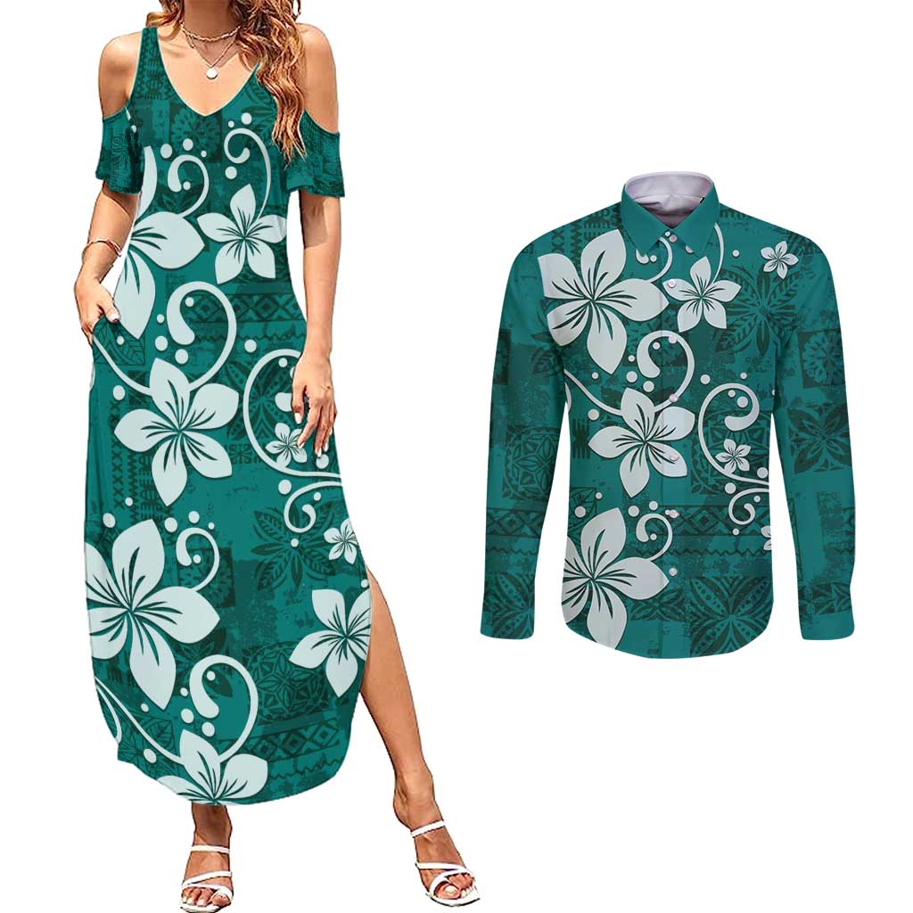 Plumeria Floral Tapa Pattern Crystal Teal Couples Matching Summer Maxi Dress and Long Sleeve Button Shirt LT01 Teal - Polynesian Pride