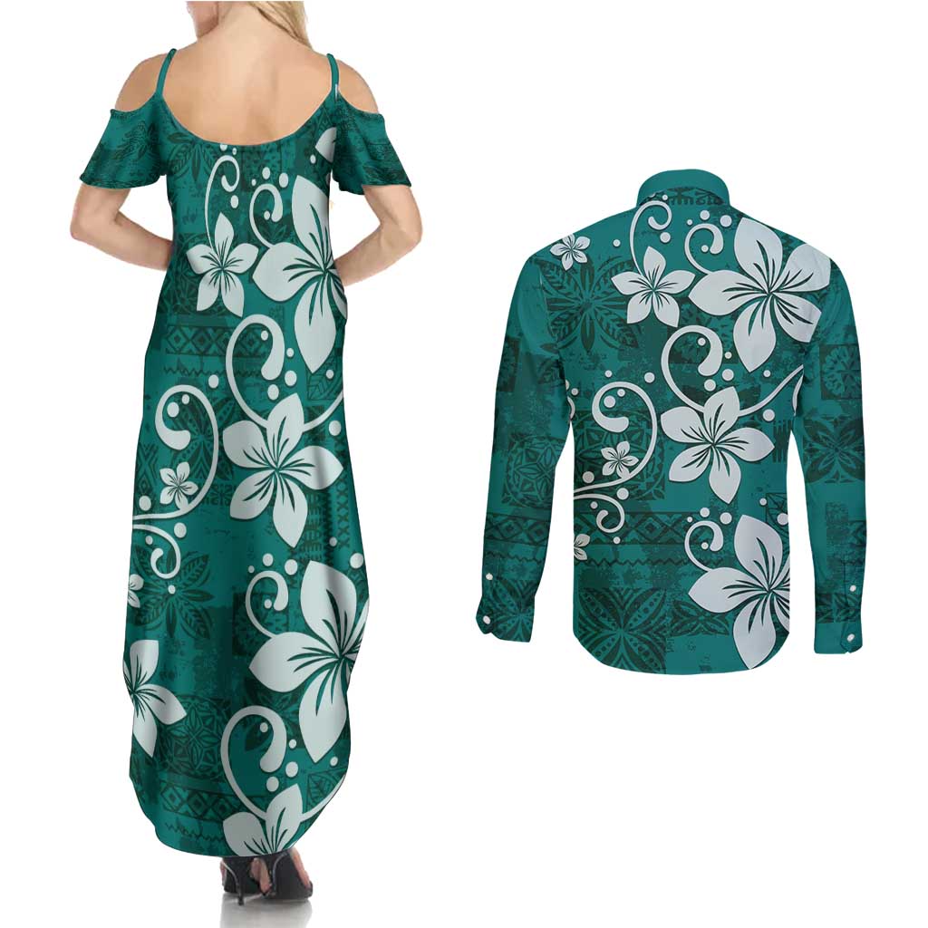 Plumeria Floral Tapa Pattern Crystal Teal Couples Matching Summer Maxi Dress and Long Sleeve Button Shirt LT01 - Polynesian Pride