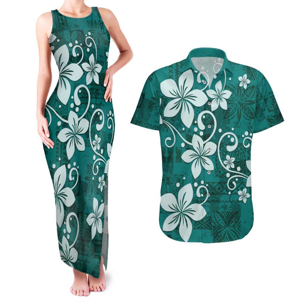 Plumeria Floral Tapa Pattern Crystal Teal Couples Matching Tank Maxi Dress and Hawaiian Shirt LT01 Teal - Polynesian Pride
