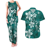 Plumeria Floral Tapa Pattern Crystal Teal Couples Matching Tank Maxi Dress and Hawaiian Shirt LT01 Teal - Polynesian Pride