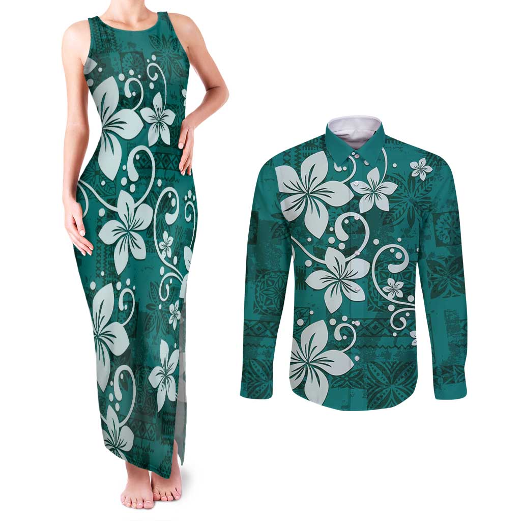 Plumeria Floral Tapa Pattern Crystal Teal Couples Matching Tank Maxi Dress and Long Sleeve Button Shirt LT01 Teal - Polynesian Pride