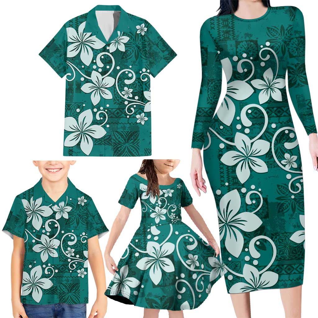 Plumeria Floral Tapa Pattern Crystal Teal Family Matching Long Sleeve Bodycon Dress and Hawaiian Shirt