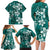 Plumeria Floral Tapa Pattern Crystal Teal Family Matching Long Sleeve Bodycon Dress and Hawaiian Shirt