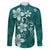 Plumeria Floral Tapa Pattern Crystal Teal Family Matching Long Sleeve Bodycon Dress and Hawaiian Shirt