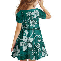 Plumeria Floral Tapa Pattern Crystal Teal Family Matching Off The Shoulder Long Sleeve Dress and Hawaiian Shirt