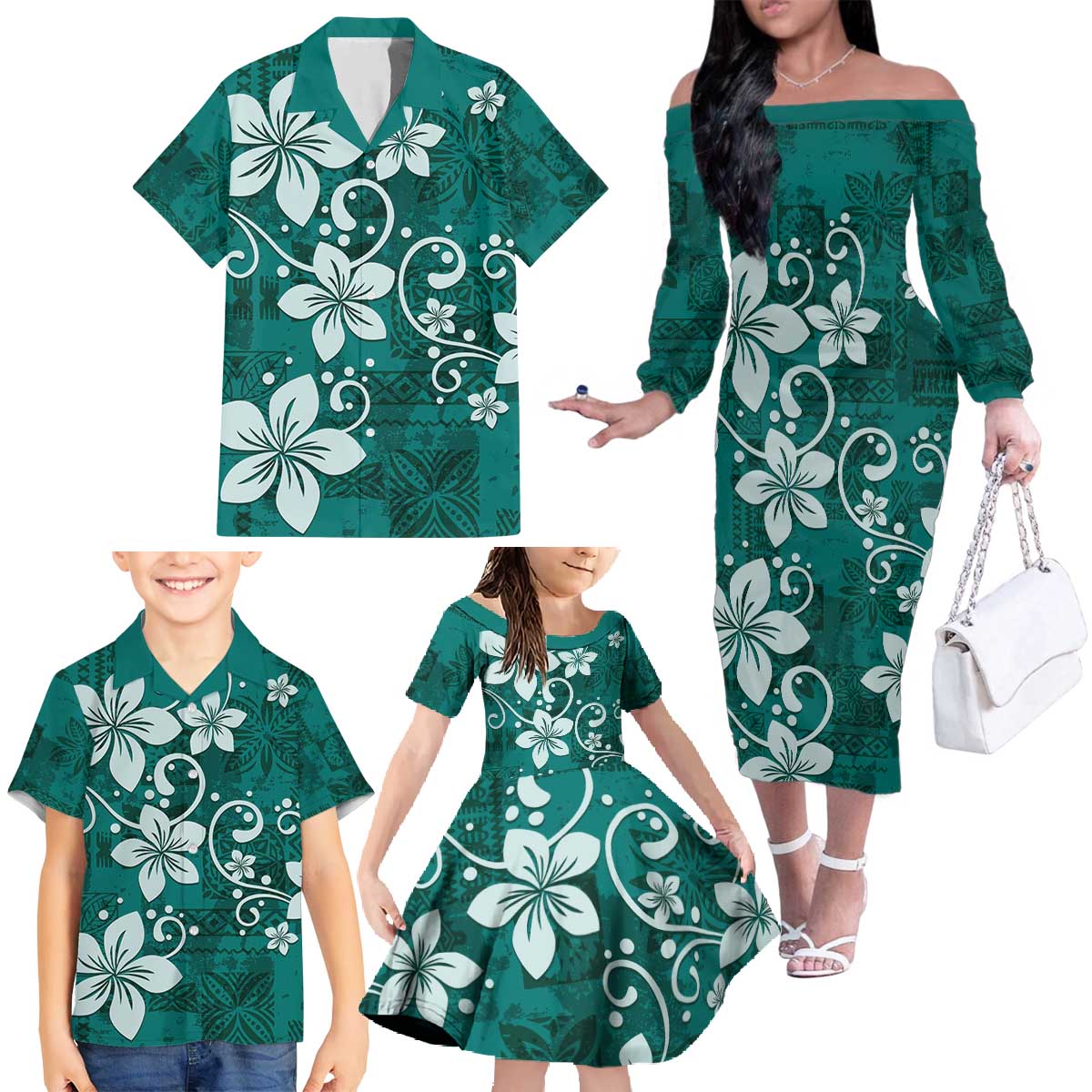 Plumeria Floral Tapa Pattern Crystal Teal Family Matching Off The Shoulder Long Sleeve Dress and Hawaiian Shirt