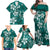 Plumeria Floral Tapa Pattern Crystal Teal Family Matching Off Shoulder Maxi Dress and Hawaiian Shirt