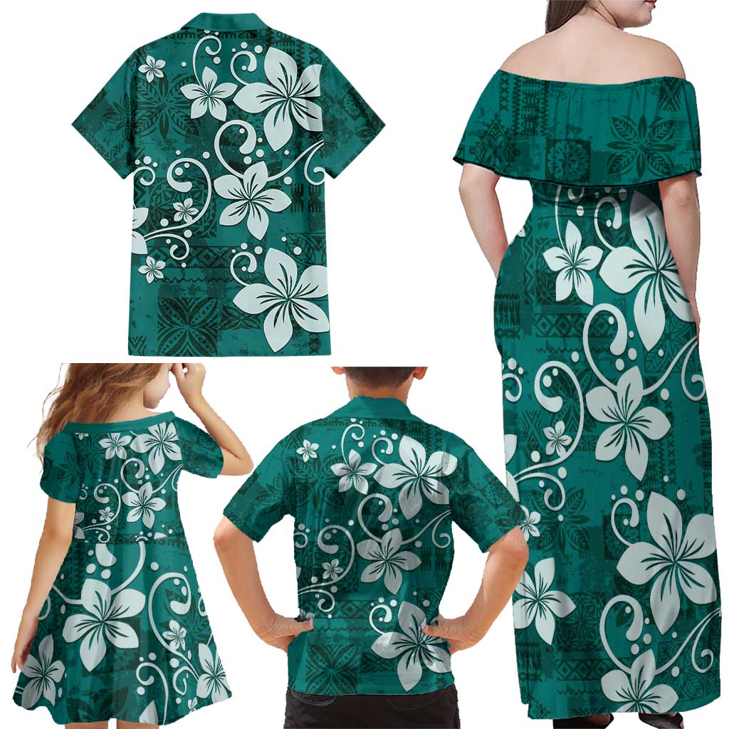 Plumeria Floral Tapa Pattern Crystal Teal Family Matching Off Shoulder Maxi Dress and Hawaiian Shirt