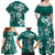 Plumeria Floral Tapa Pattern Crystal Teal Family Matching Off Shoulder Maxi Dress and Hawaiian Shirt