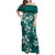 Plumeria Floral Tapa Pattern Crystal Teal Family Matching Off Shoulder Maxi Dress and Hawaiian Shirt