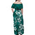 Plumeria Floral Tapa Pattern Crystal Teal Family Matching Off Shoulder Maxi Dress and Hawaiian Shirt