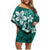 Plumeria Floral Tapa Pattern Crystal Teal Family Matching Off Shoulder Short Dress and Hawaiian Shirt