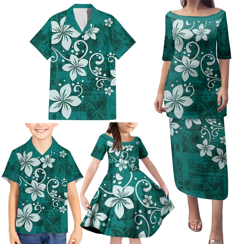 Plumeria Floral Tapa Pattern Crystal Teal Family Matching Puletasi and Hawaiian Shirt