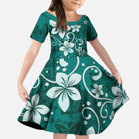 Plumeria Floral Tapa Pattern Crystal Teal Family Matching Short Sleeve Bodycon Dress and Hawaiian Shirt