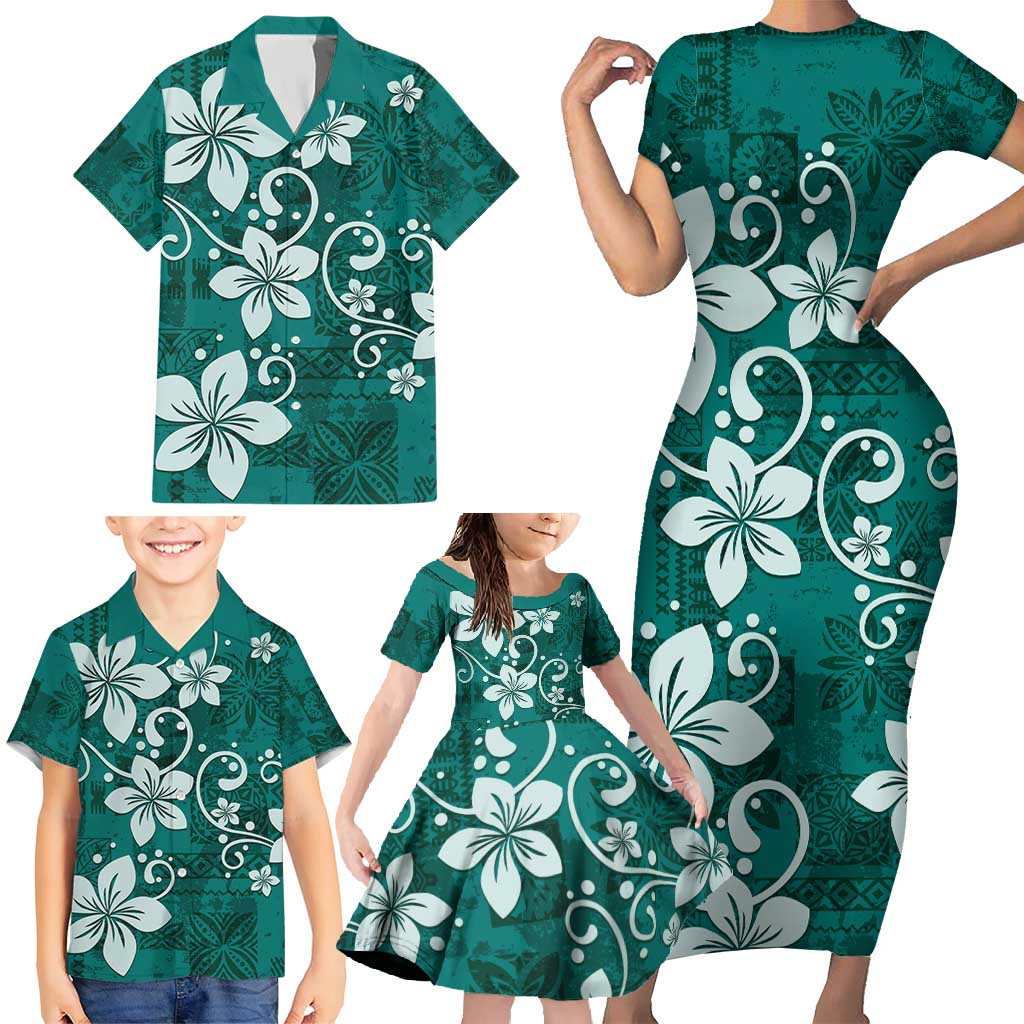 Plumeria Floral Tapa Pattern Crystal Teal Family Matching Short Sleeve Bodycon Dress and Hawaiian Shirt