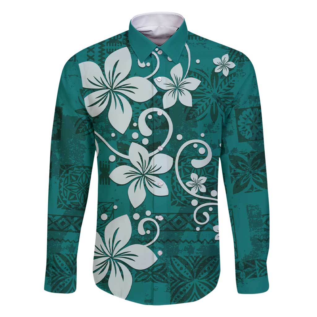 Plumeria Floral Tapa Pattern Crystal Teal Family Matching Short Sleeve Bodycon Dress and Hawaiian Shirt