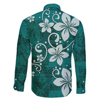 Plumeria Floral Tapa Pattern Crystal Teal Family Matching Short Sleeve Bodycon Dress and Hawaiian Shirt