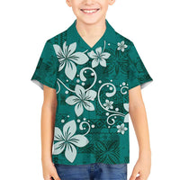 Plumeria Floral Tapa Pattern Crystal Teal Family Matching Short Sleeve Bodycon Dress and Hawaiian Shirt