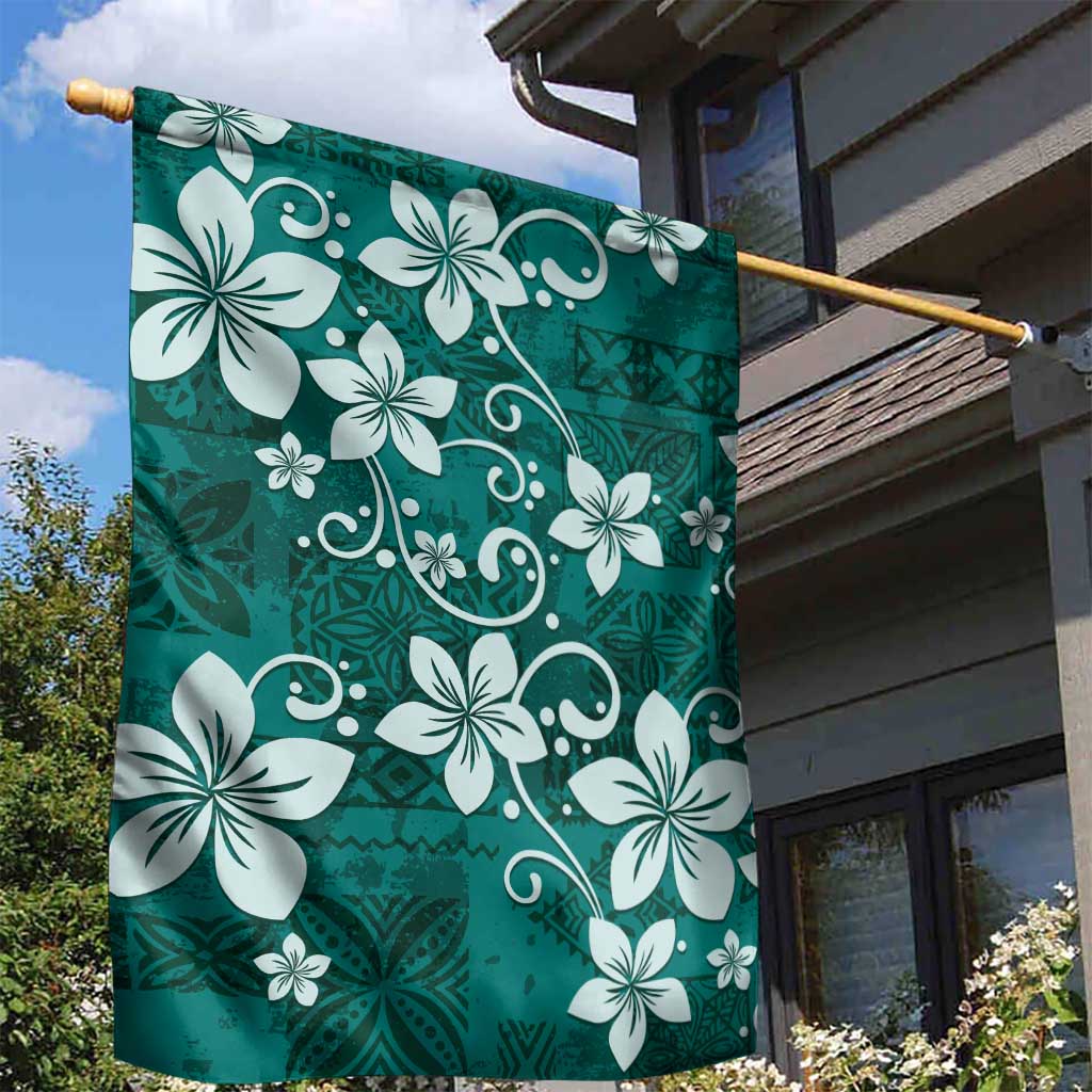 Plumeria Floral Tapa Pattern Crystal Teal Garden Flag LT01 - Polynesian Pride