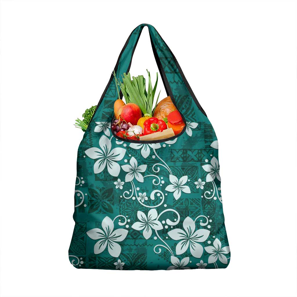 Plumeria Floral Tapa Pattern Crystal Teal Grocery Bag LT01 1-pack One Size Teal - Polynesian Pride