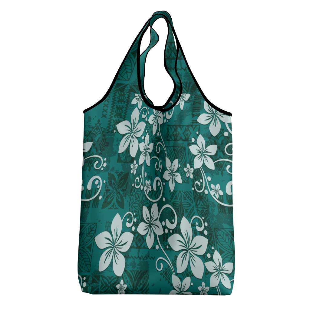 Plumeria Floral Tapa Pattern Crystal Teal Grocery Bag LT01 - Polynesian Pride