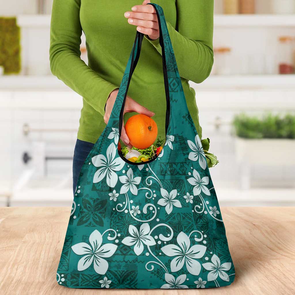 Plumeria Floral Tapa Pattern Crystal Teal Grocery Bag LT01 - Polynesian Pride