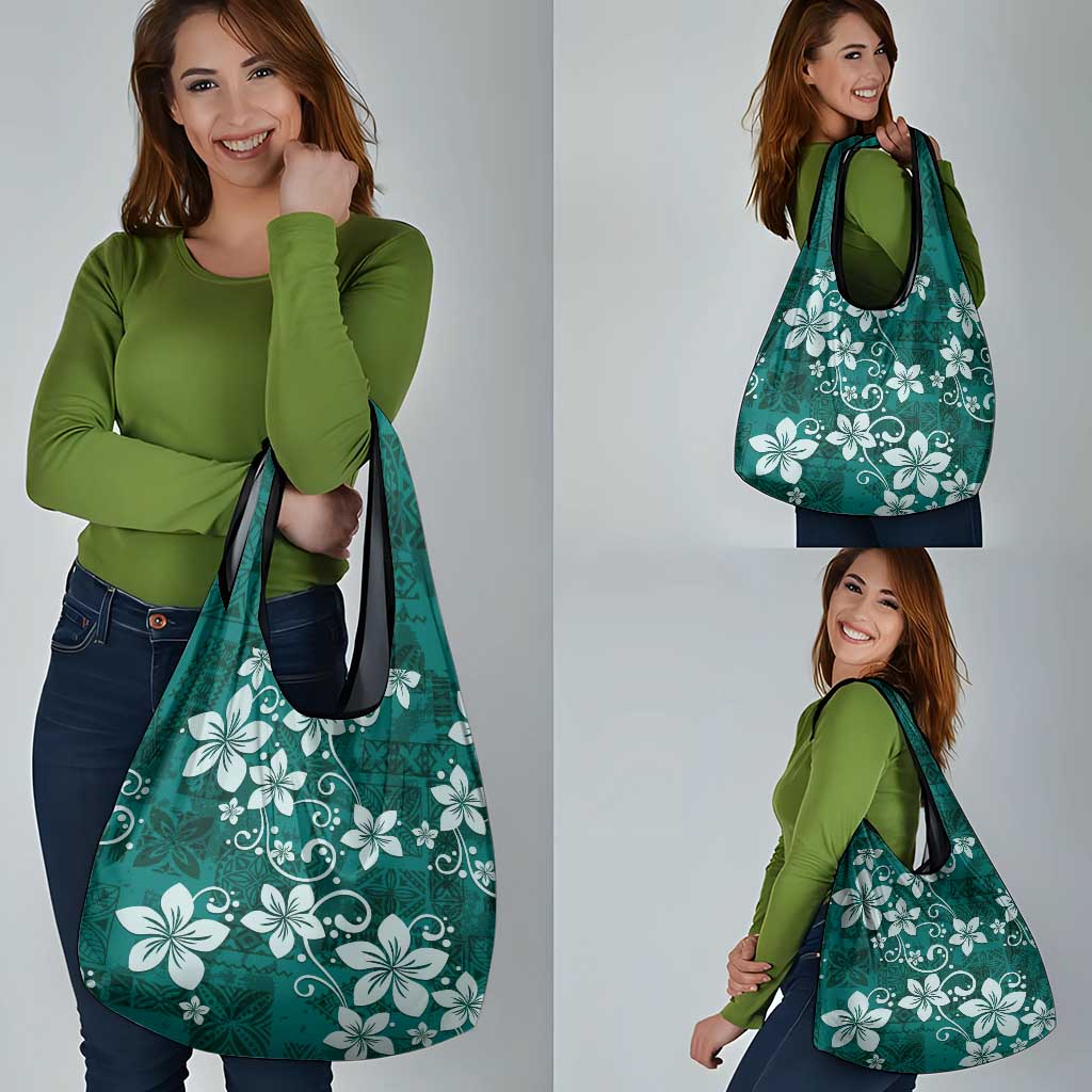 Plumeria Floral Tapa Pattern Crystal Teal Grocery Bag LT01 - Polynesian Pride