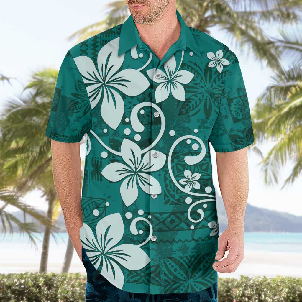 Plumeria Floral Tapa Pattern Crystal Teal Hawaiian Shirt LT01 - Polynesian Pride