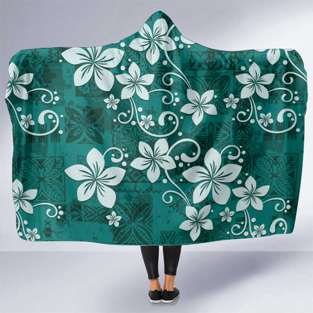 Plumeria Floral Tapa Pattern Crystal Teal Hooded Blanket LT01 One Size Teal - Polynesian Pride