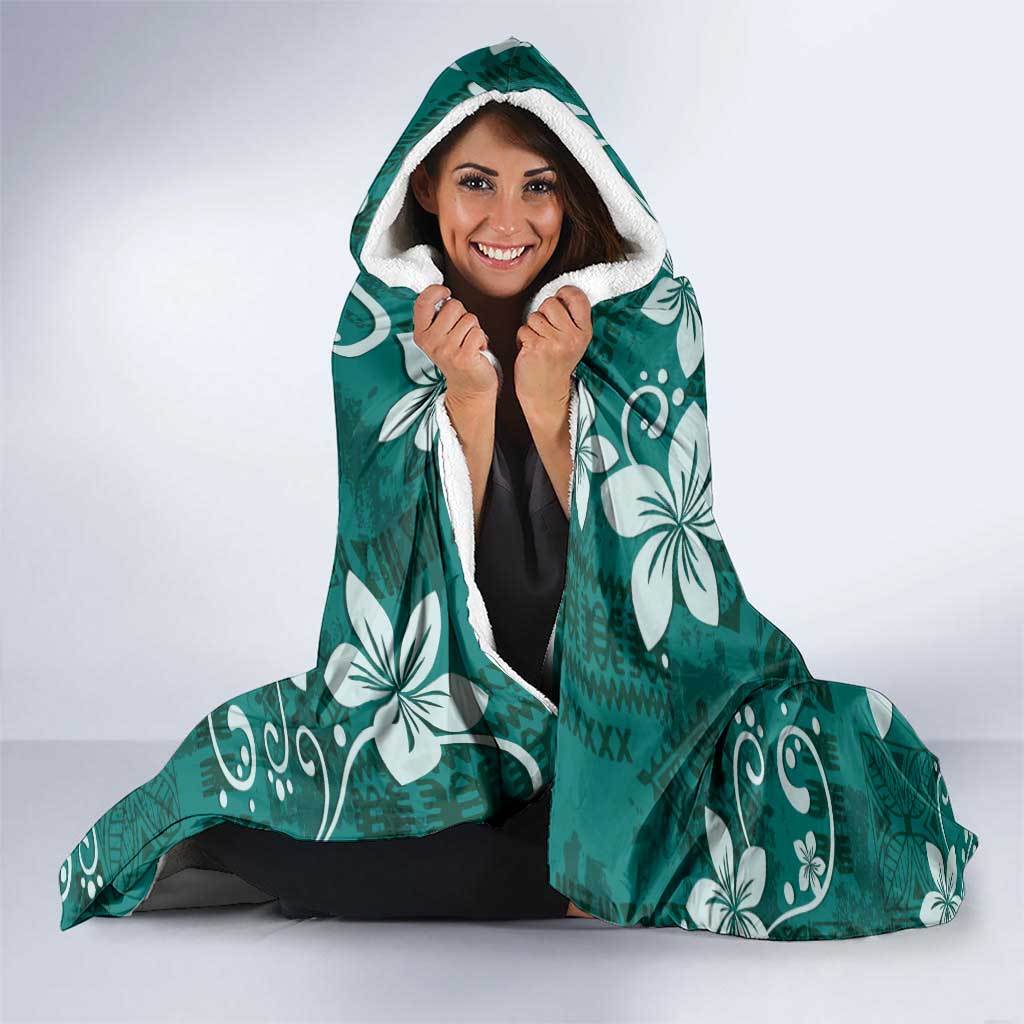 Plumeria Floral Tapa Pattern Crystal Teal Hooded Blanket LT01 - Polynesian Pride