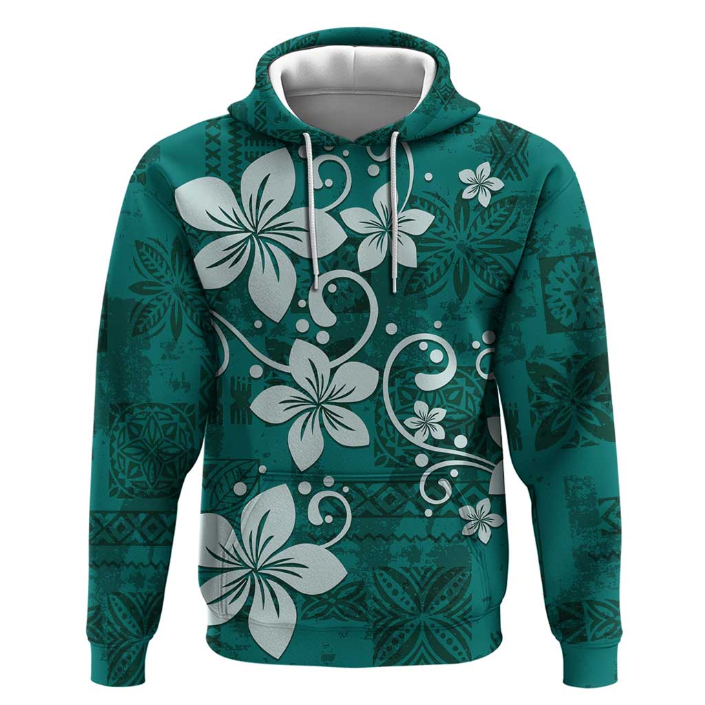 Plumeria Floral Tapa Pattern Crystal Teal Hoodie LT01 Pullover Hoodie Teal - Polynesian Pride