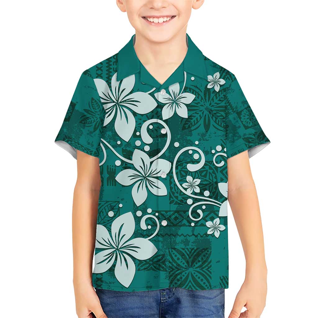 Plumeria Floral Tapa Pattern Crystal Teal Kid Hawaiian Shirt