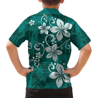 Plumeria Floral Tapa Pattern Crystal Teal Kid Hawaiian Shirt