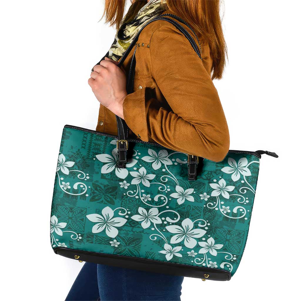 Plumeria Floral Tapa Pattern Crystal Teal Leather Tote Bag