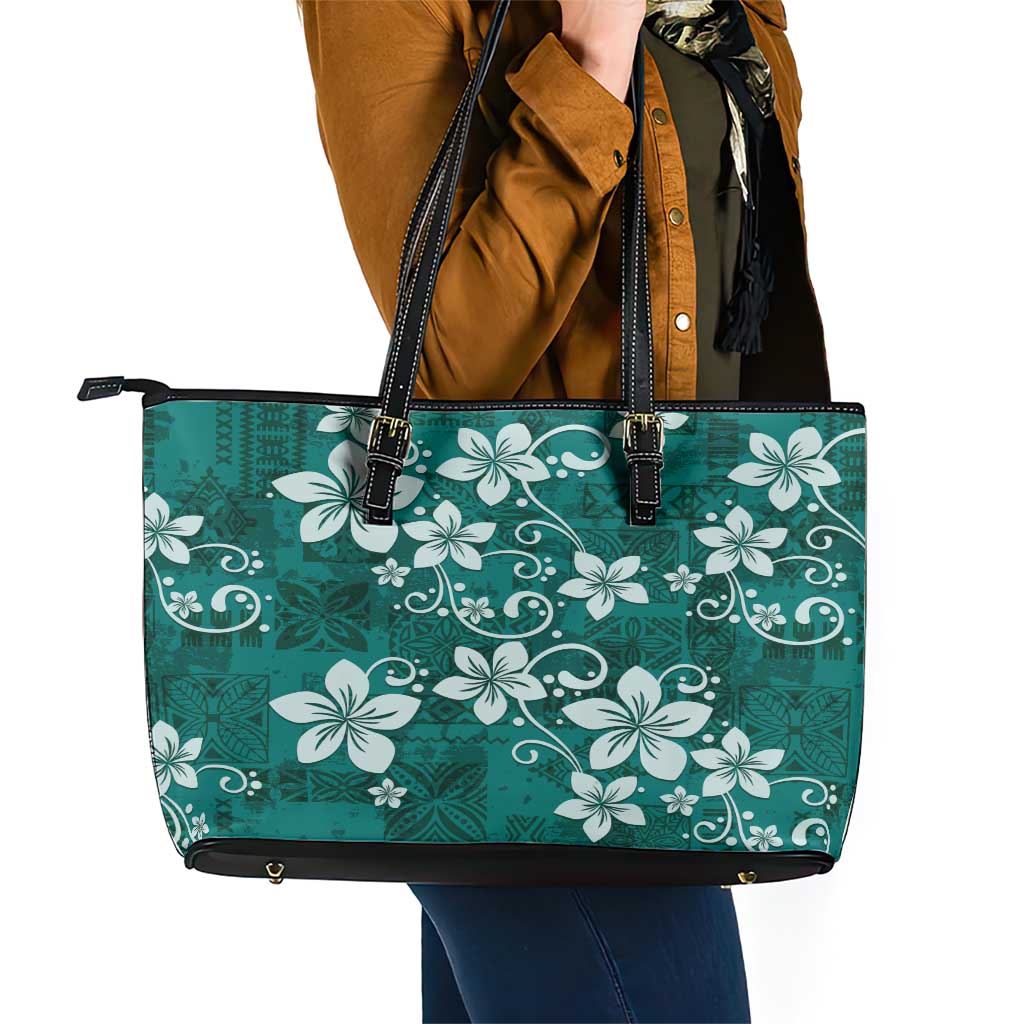 Plumeria Floral Tapa Pattern Crystal Teal Leather Tote Bag LT01 - Polynesian Pride