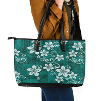 Plumeria Floral Tapa Pattern Crystal Teal Leather Tote Bag LT01 - Polynesian Pride