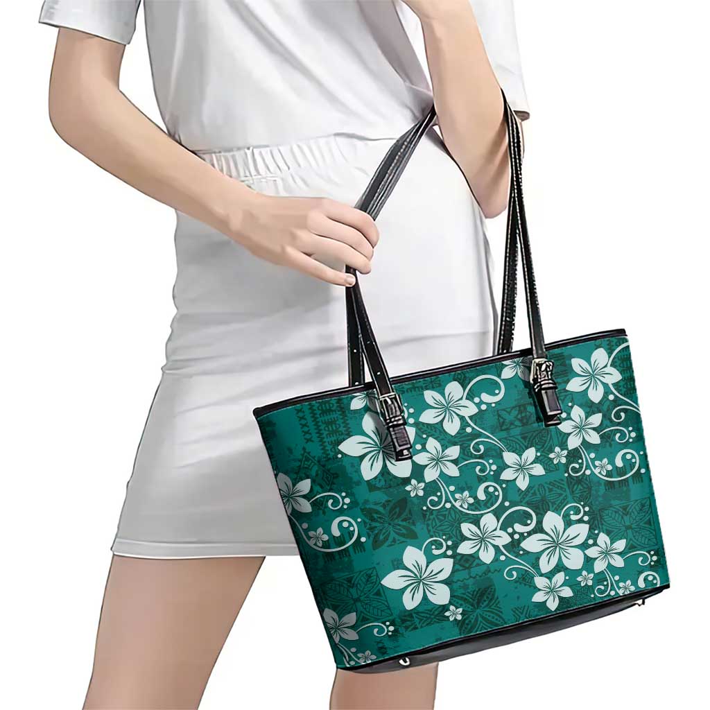 Plumeria Floral Tapa Pattern Crystal Teal Leather Tote Bag LT01 - Polynesian Pride