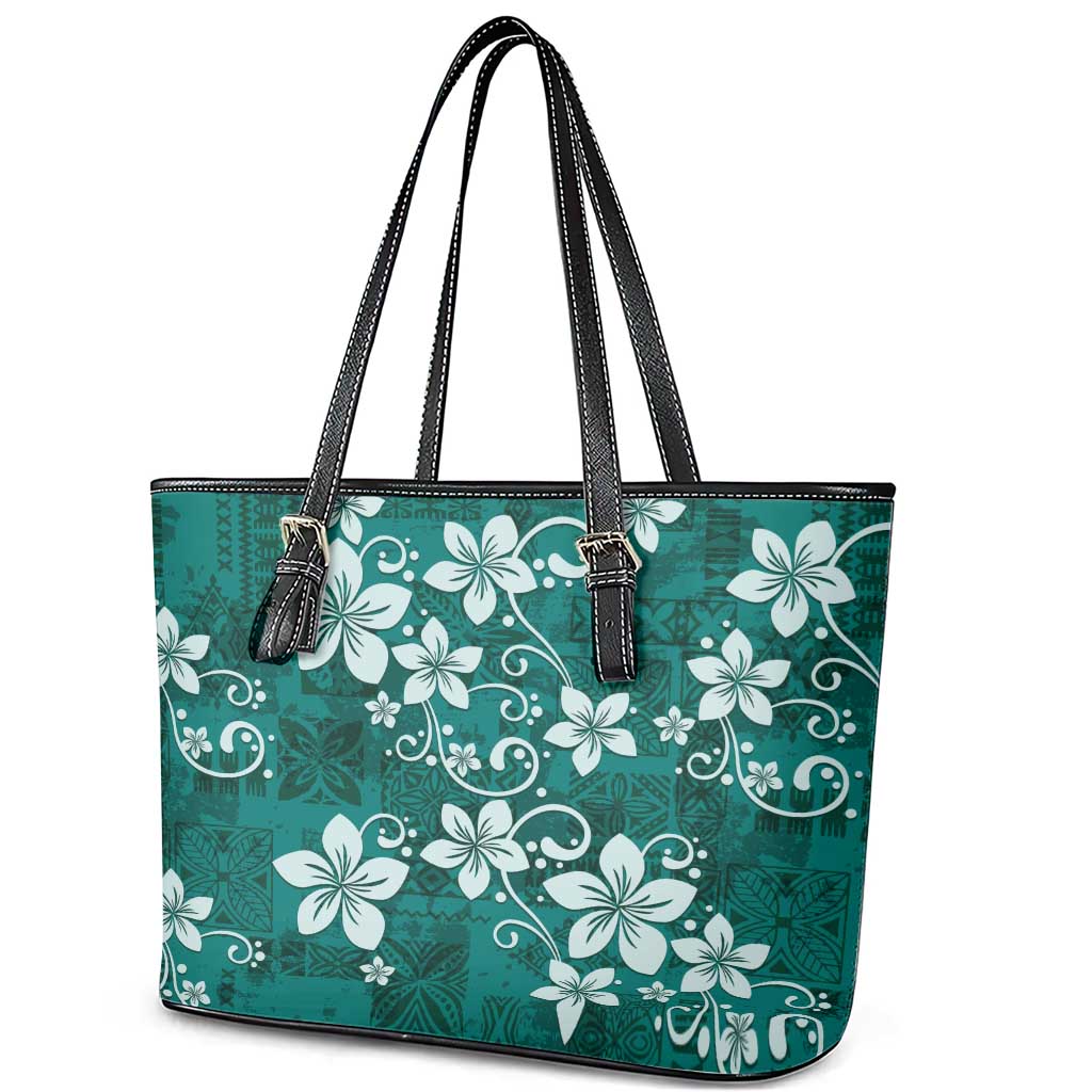 Plumeria Floral Tapa Pattern Crystal Teal Leather Tote Bag LT01 - Polynesian Pride