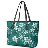 Plumeria Floral Tapa Pattern Crystal Teal Leather Tote Bag LT01 - Polynesian Pride