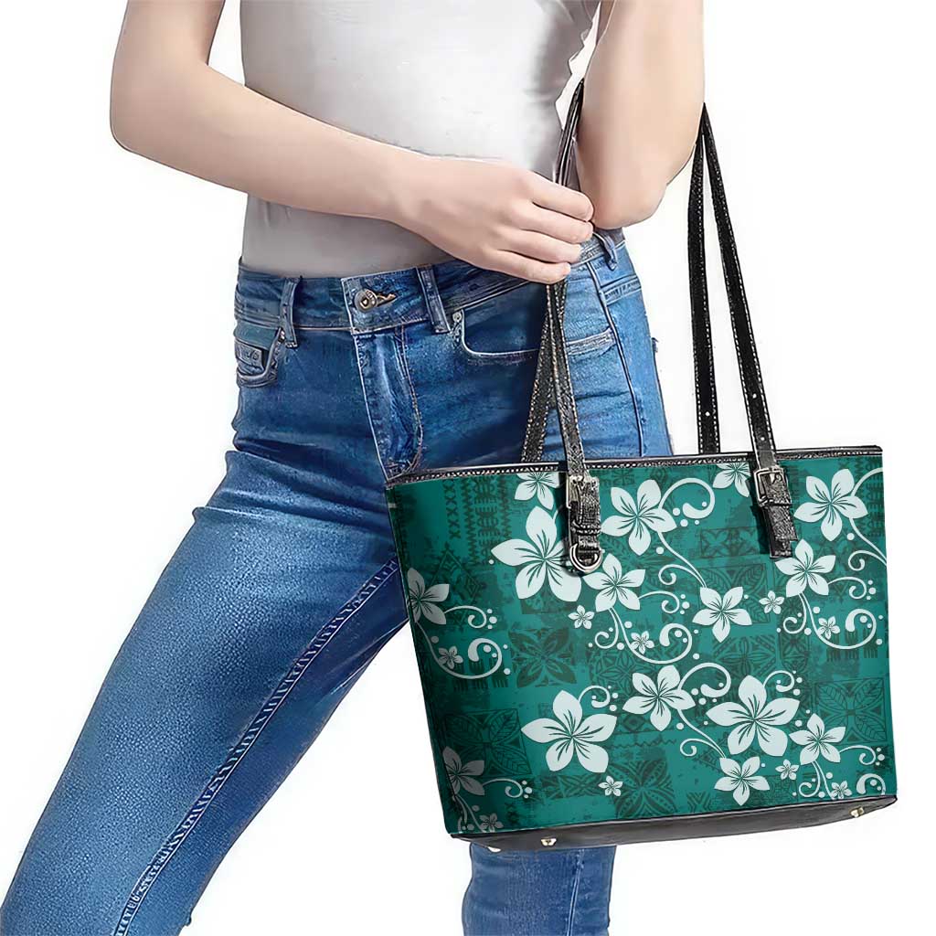 Plumeria Floral Tapa Pattern Crystal Teal Leather Tote Bag LT01 - Polynesian Pride