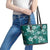 Plumeria Floral Tapa Pattern Crystal Teal Leather Tote Bag