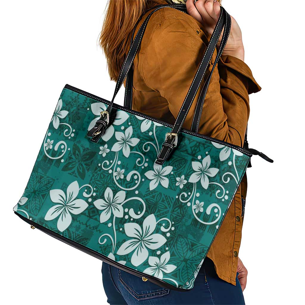 Plumeria Floral Tapa Pattern Crystal Teal Leather Tote Bag LT01 - Polynesian Pride