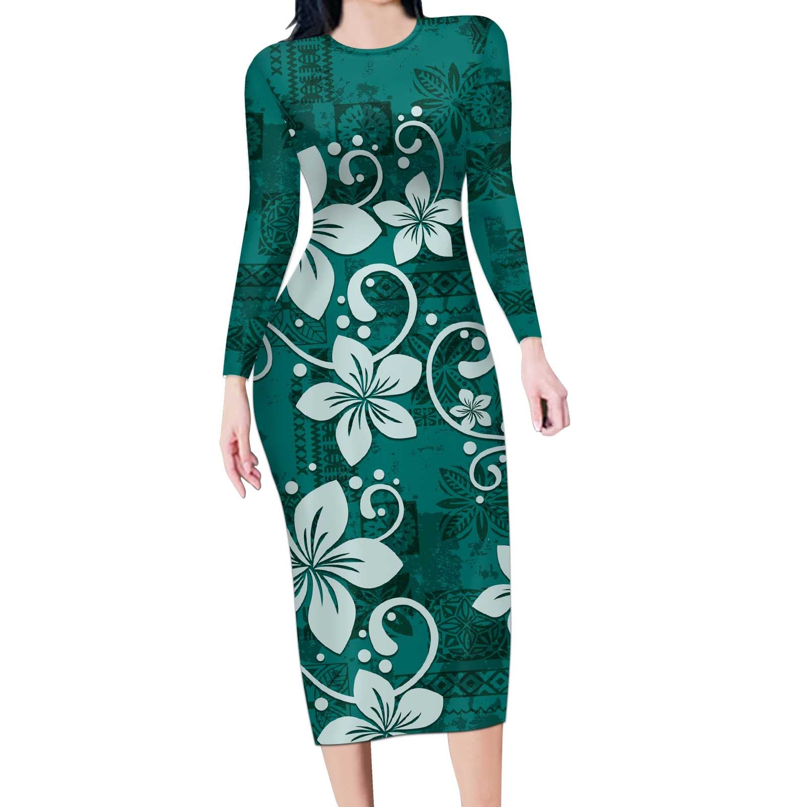 Plumeria Floral Tapa Pattern Crystal Teal Long Sleeve Bodycon Dress