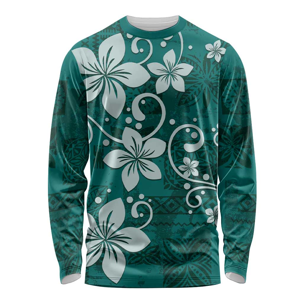 Plumeria Floral Tapa Pattern Crystal Teal Long Sleeve Shirt