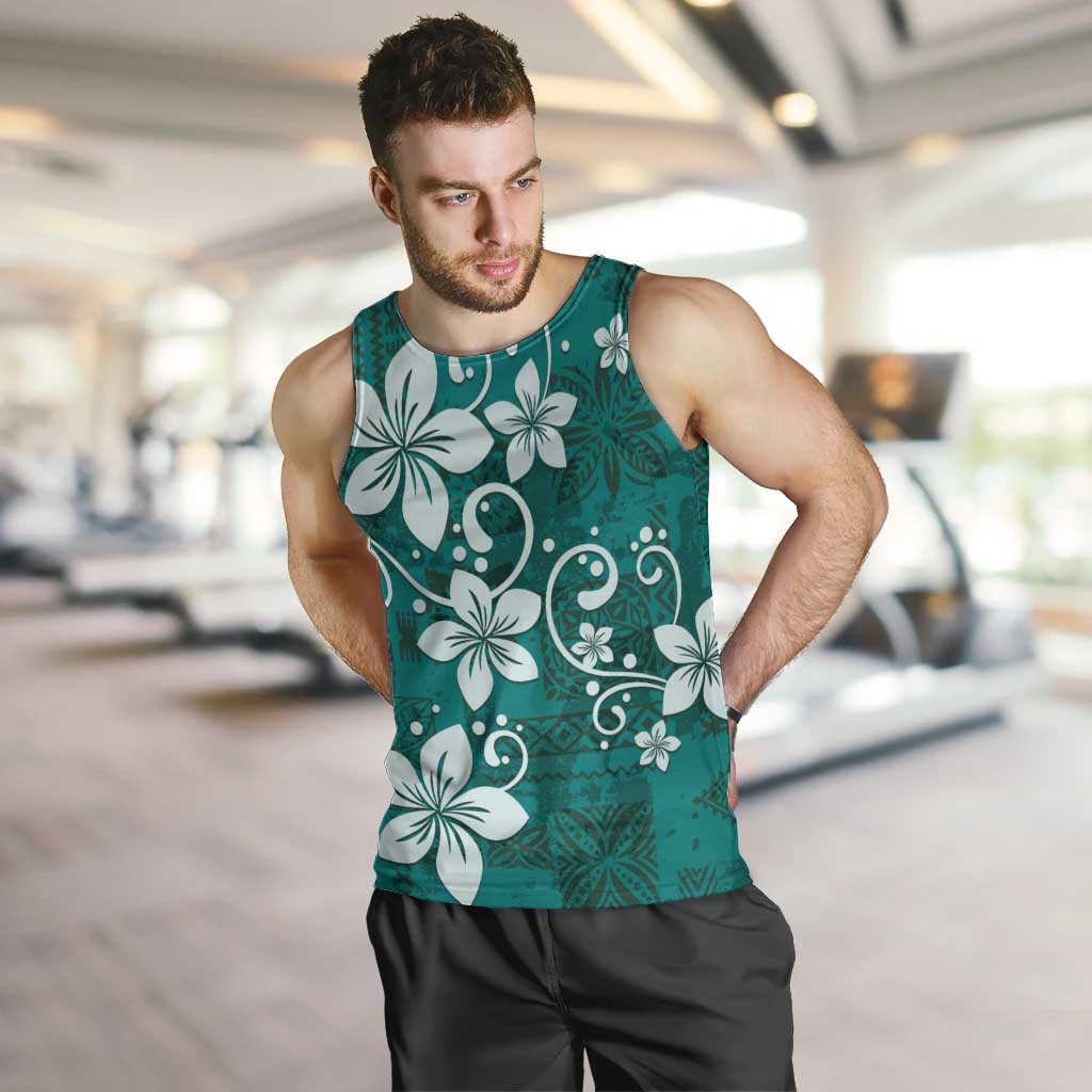 Plumeria Floral Tapa Pattern Crystal Teal Men Tank Top LT01 Teal - Polynesian Pride