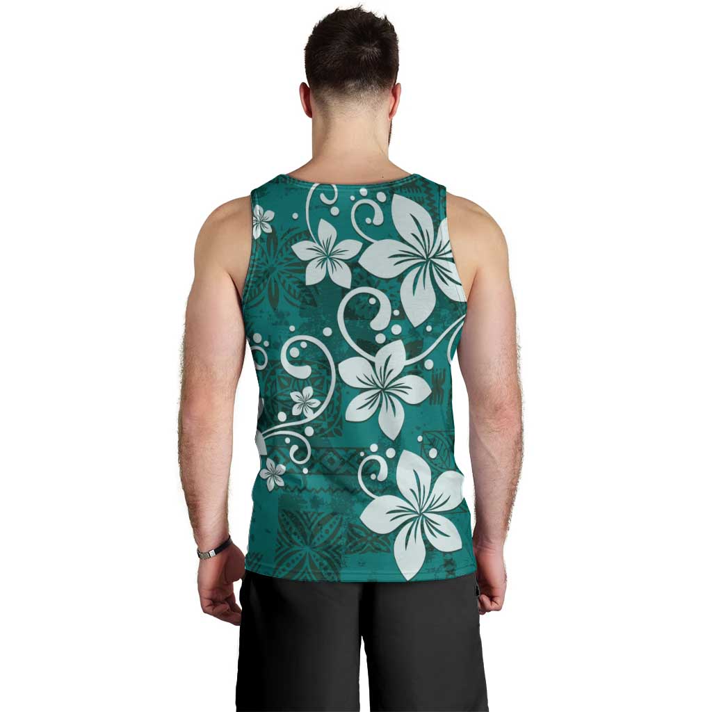 Plumeria Floral Tapa Pattern Crystal Teal Men Tank Top LT01 - Polynesian Pride