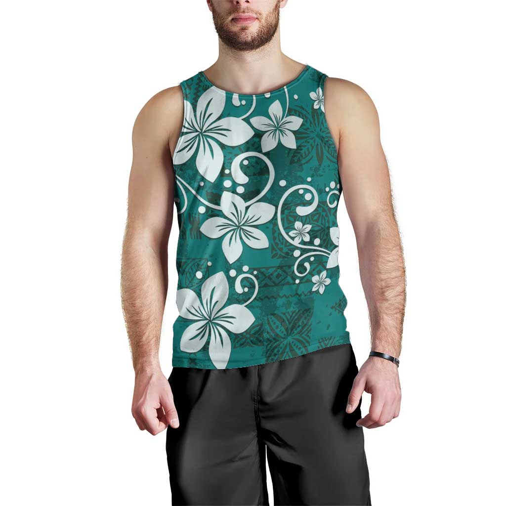 Plumeria Floral Tapa Pattern Crystal Teal Men Tank Top LT01 - Polynesian Pride