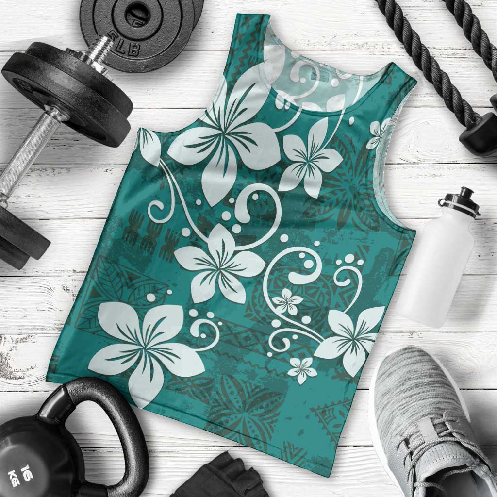 Plumeria Floral Tapa Pattern Crystal Teal Men Tank Top LT01 - Polynesian Pride
