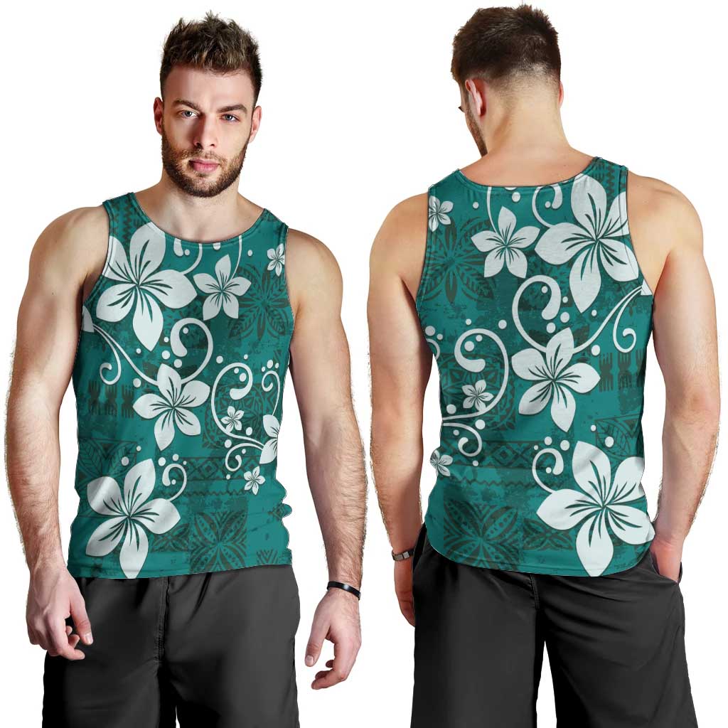 Plumeria Floral Tapa Pattern Crystal Teal Men Tank Top LT01 - Polynesian Pride