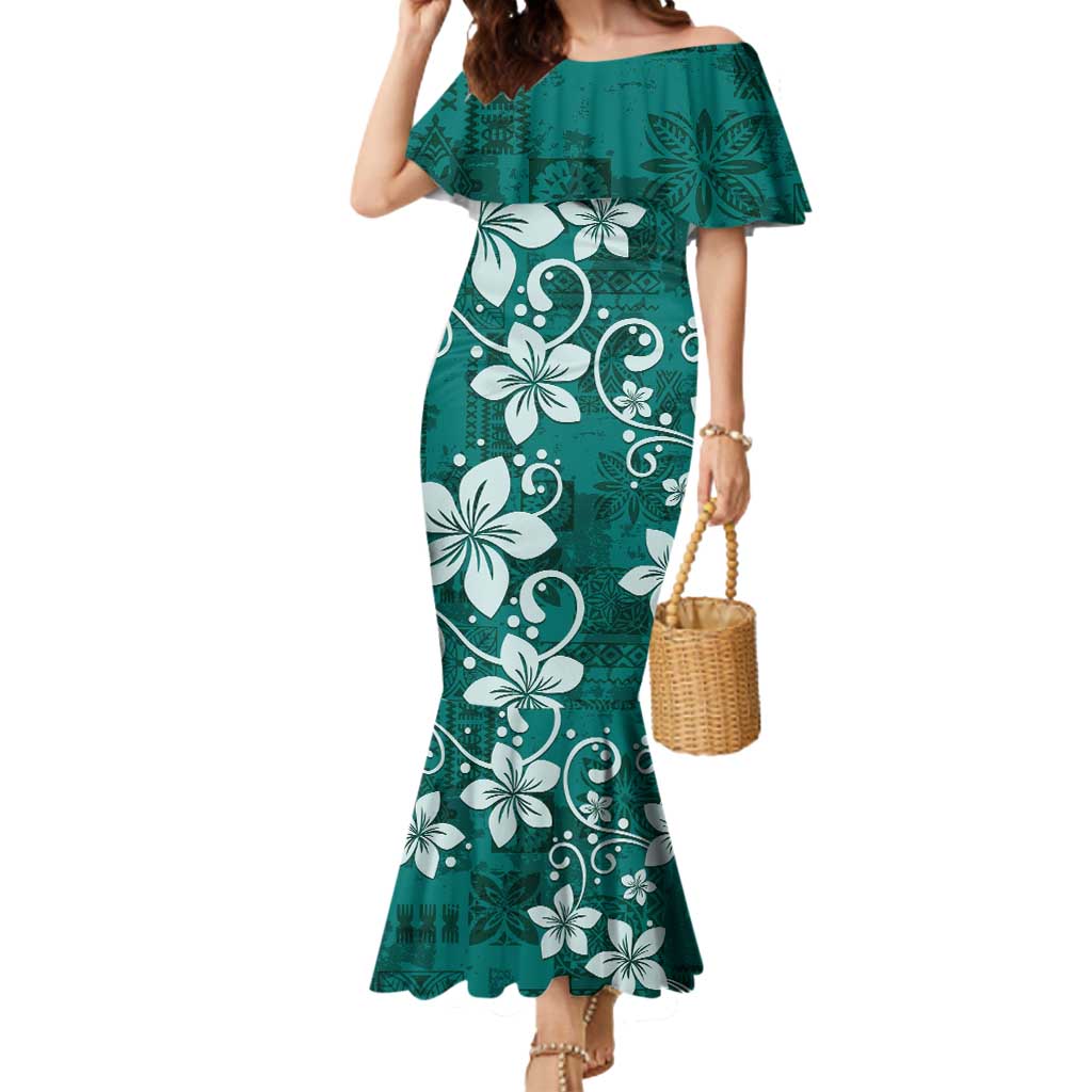 Plumeria Floral Tapa Pattern Crystal Teal Mermaid Dress